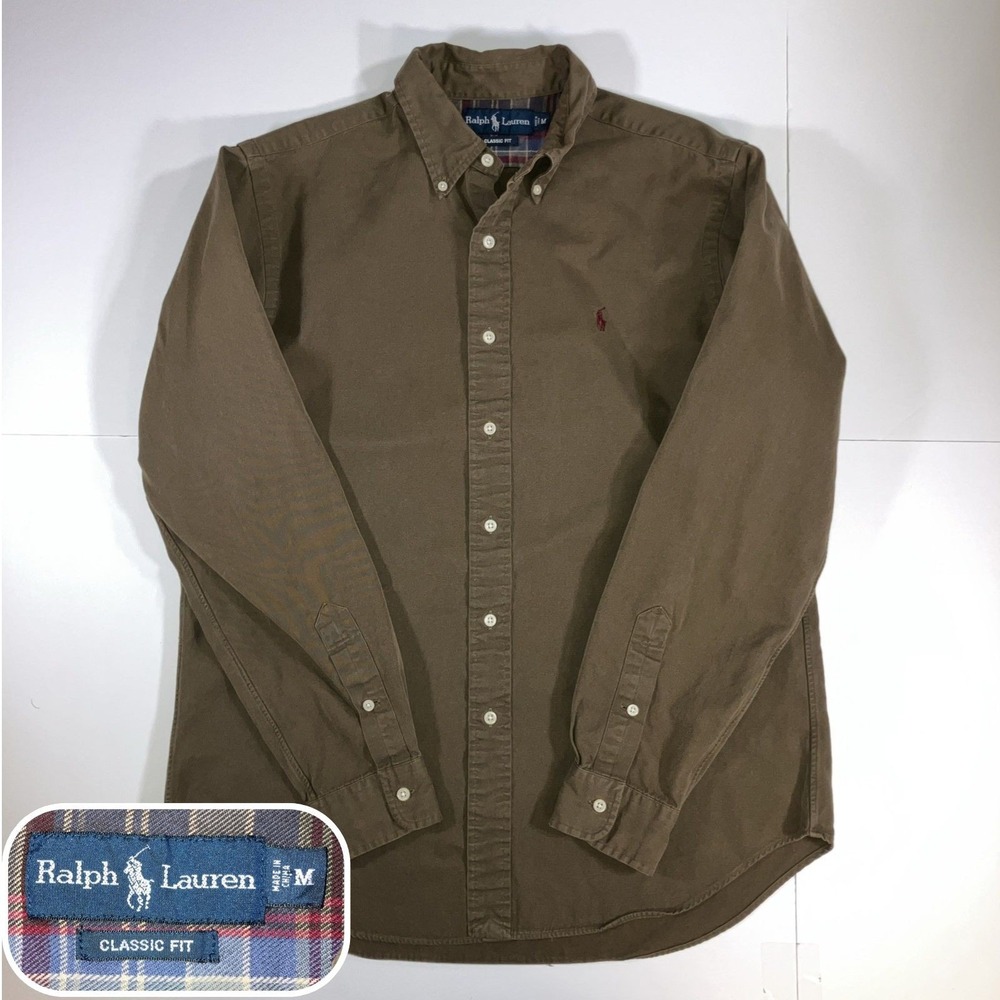 Polo Ralph Lauren Mens M Olive Brown Classic Fit Plaid Trim Button Down Shirt